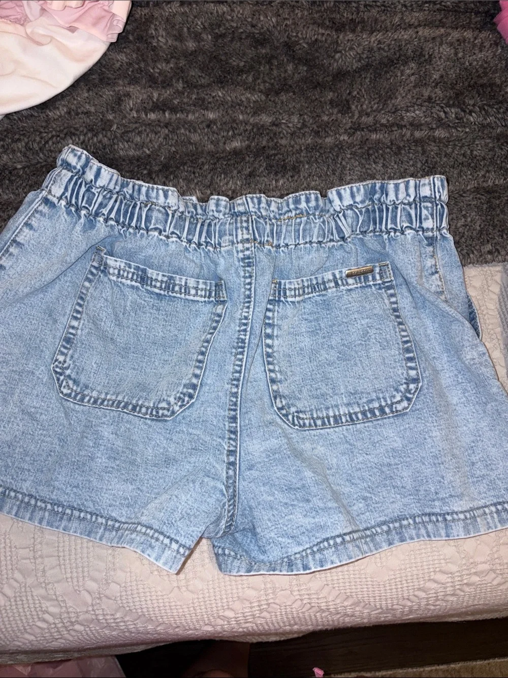 Tractr Light Blue Denim Paperbag Waist Shorts with Drawstring